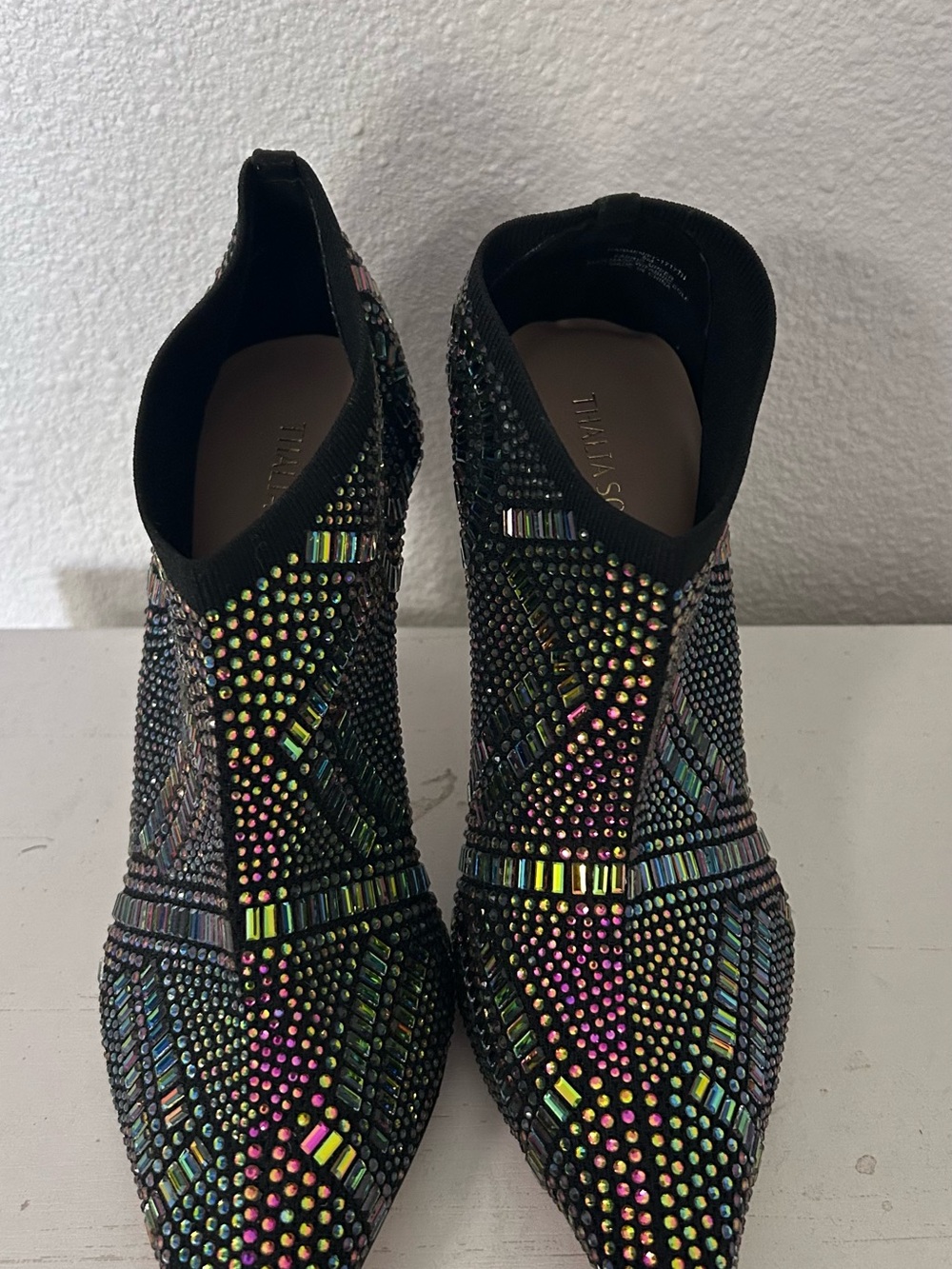 Thalia Sodi Black Iridescent Crystal Ankle Booties